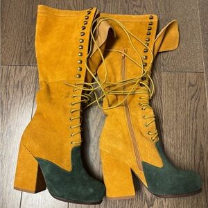 Jeffrey Campbell Mustard and Forest Green Heeled Boots size 5M